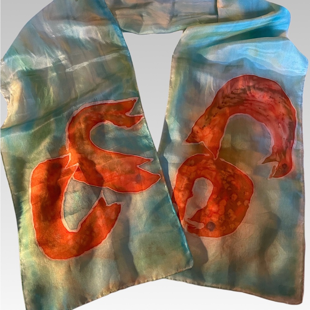 Hand-Dyed 100% Silk Scarf with Red Shrimp Design | Ocean-Inspired Art